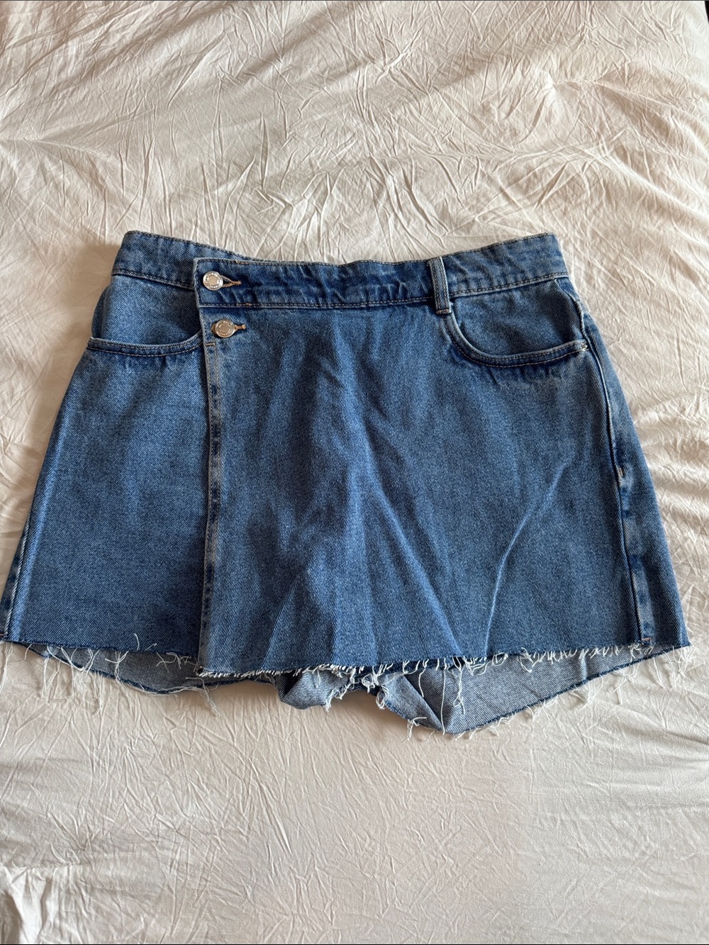 Zara Blue Denim Wrap Skort with Frayed Hem